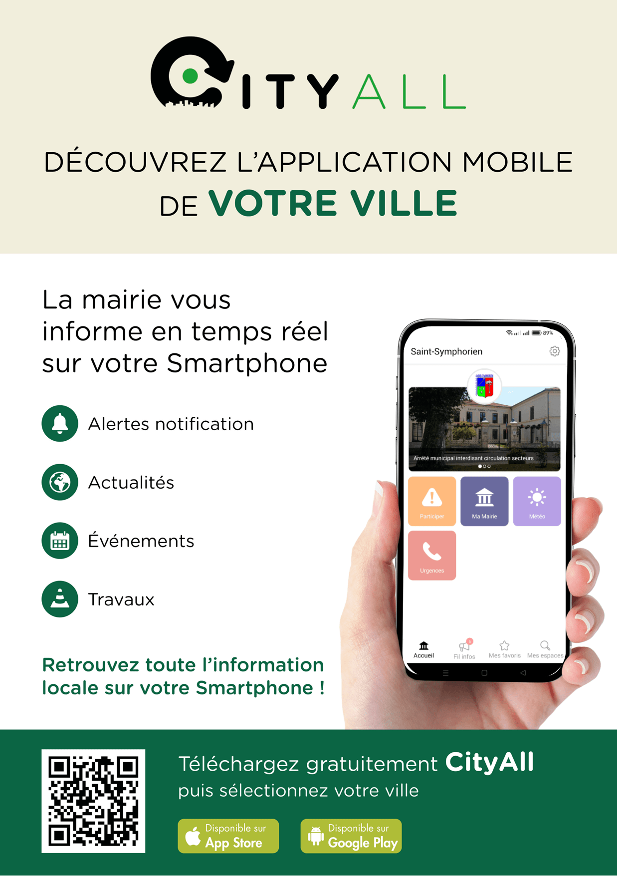 Flyer de présentation de l'application Cityall avec le logo de la commune de Saint-Symphorien