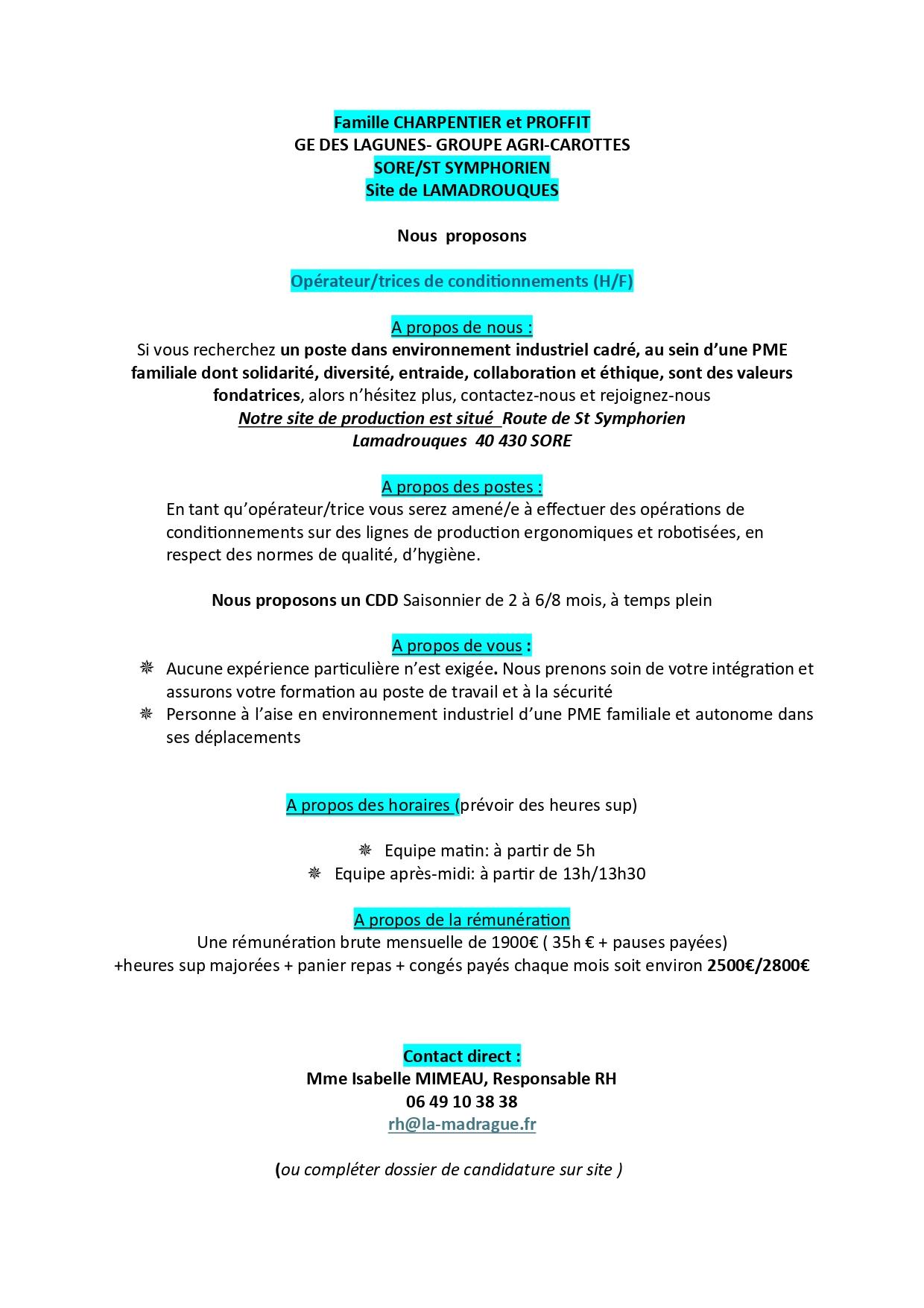 offre d'emploi Lamadrouques Sore/Saint-Symphorien