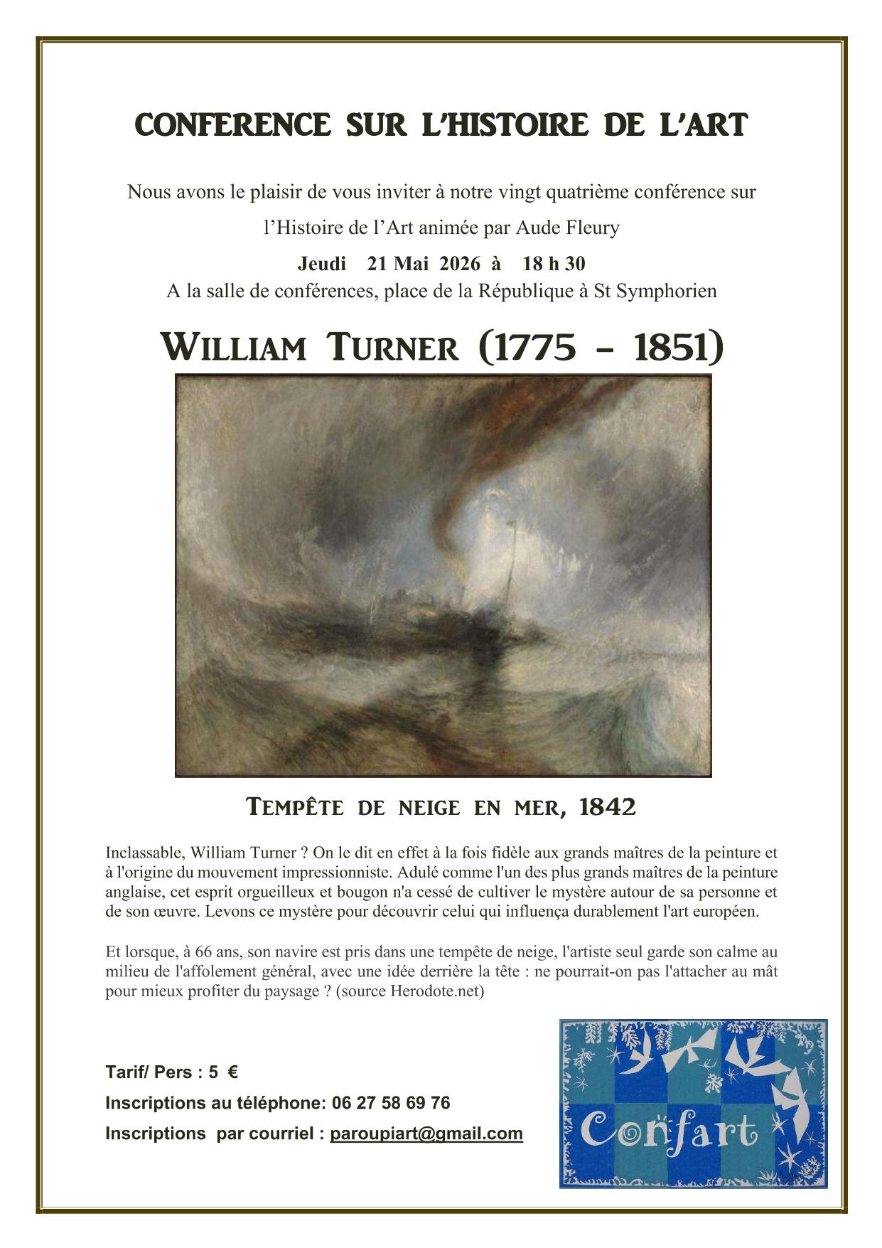 Affiche de la conférence du 21 mai, thème : Turner