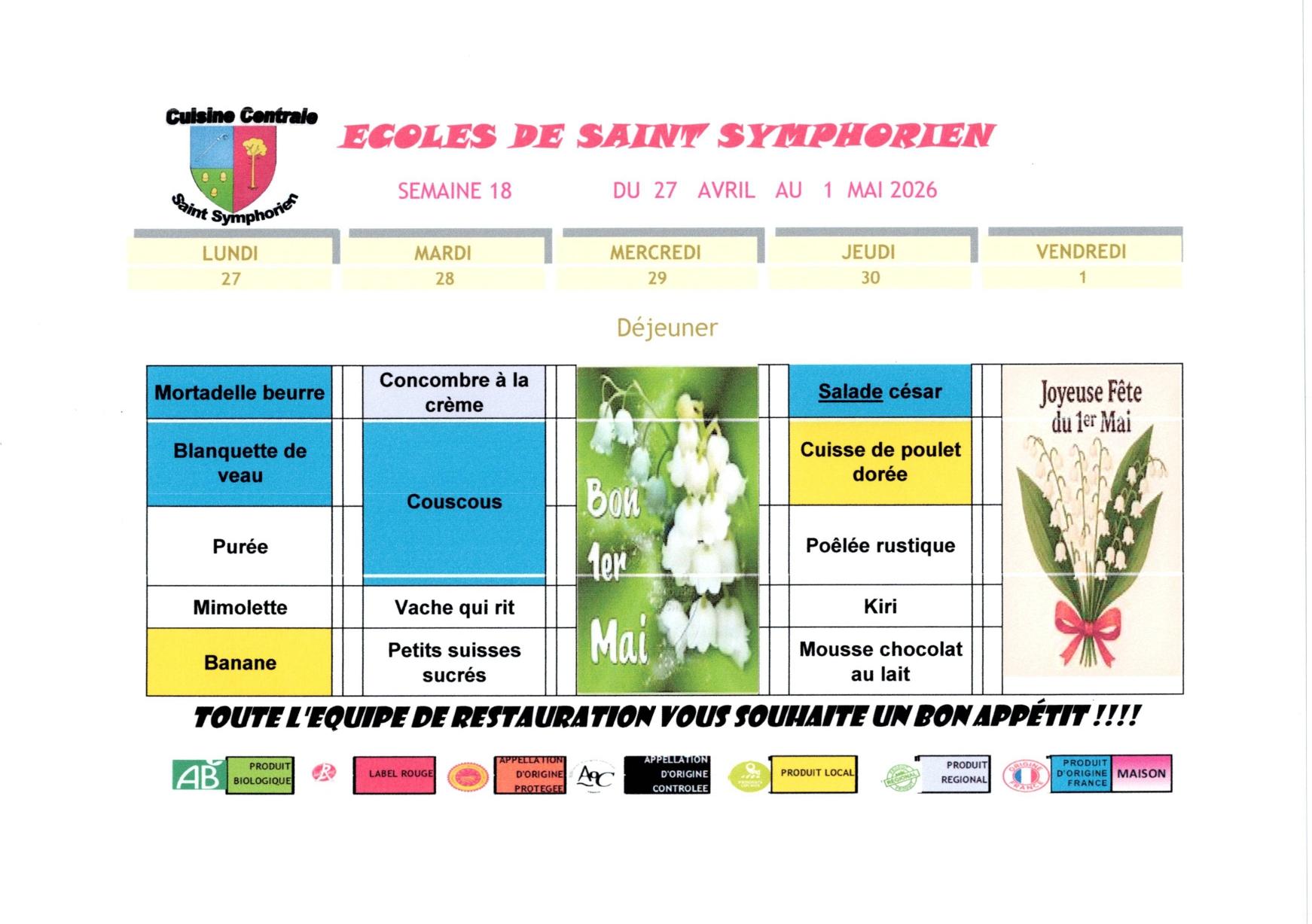 Menu des écoles pour la semaine du 27 avril au 1er mai