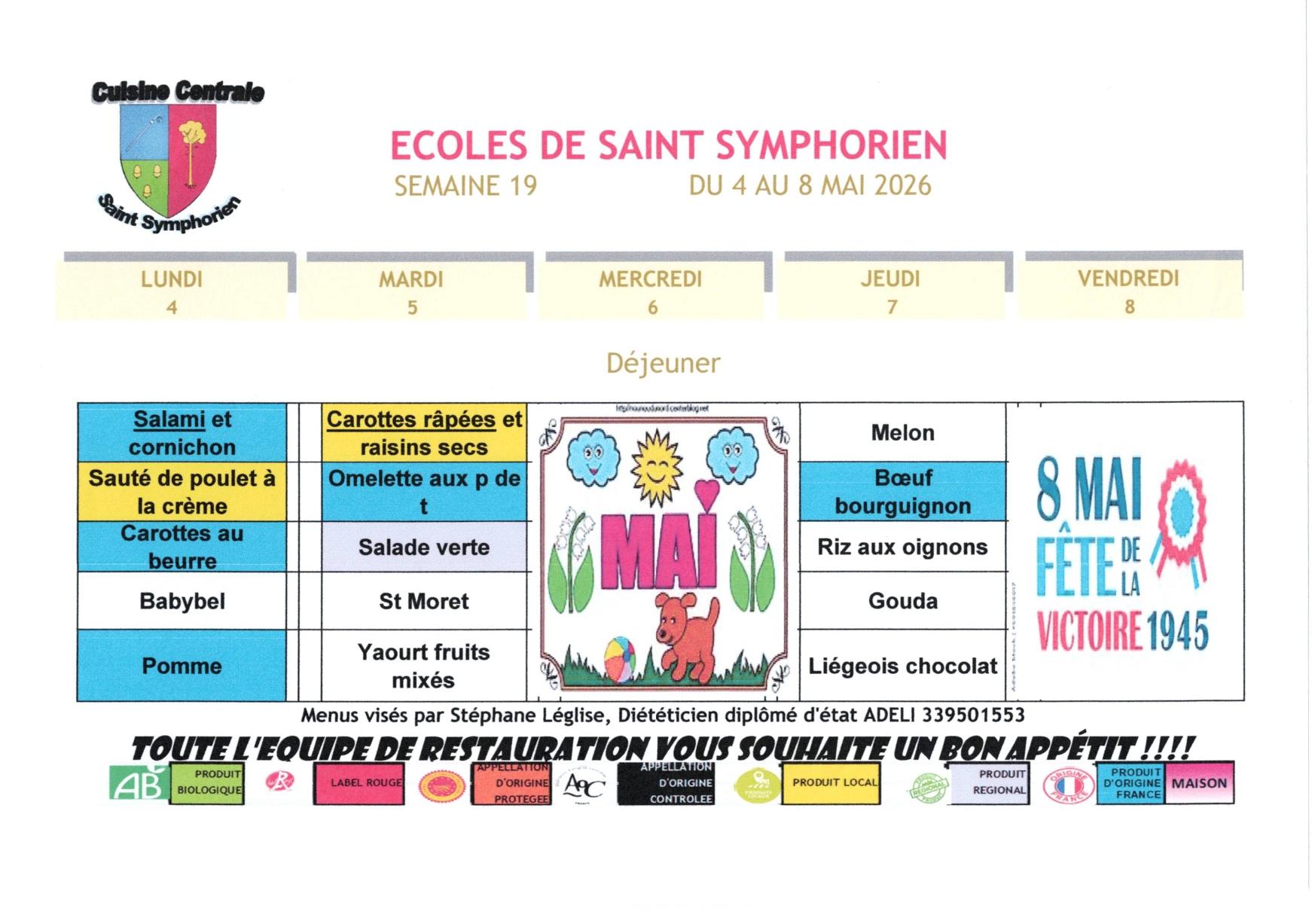 Menus des écoles la semaine du 4 au 8 mai