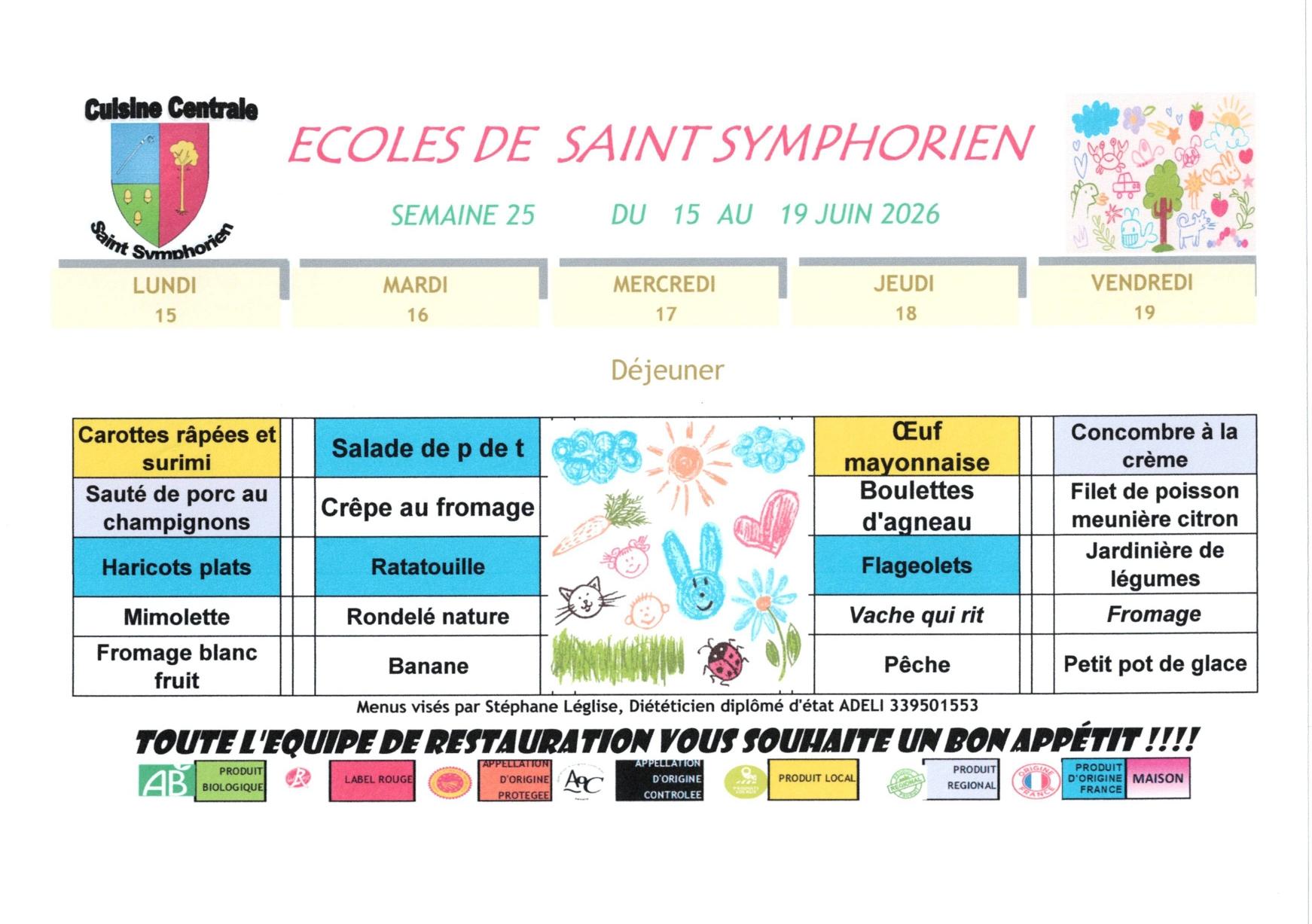 Menus des écoles la semaine du 4 au 8 mai