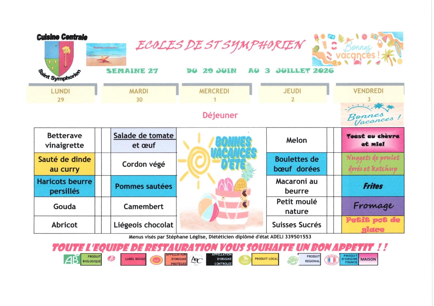Menus des écoles la semaine du 4 au 8 mai