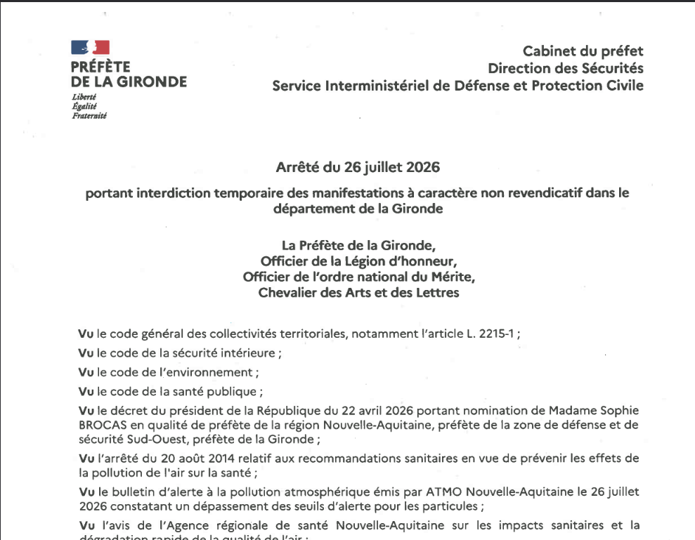 Arrêté du 26 juillet 2026 portant interdiction temporaire des manifestations à caractère non revendicatif dans le département de la Gironde