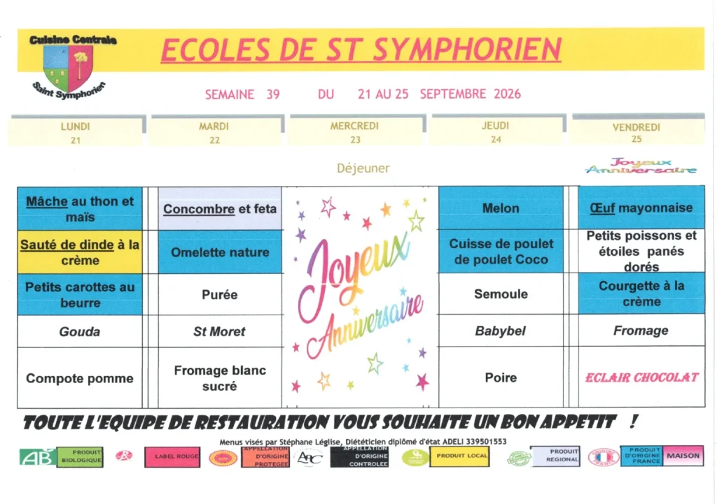 Menu de la cuisine centrale — Semaine 39 du 21 septembre au 25 septembre