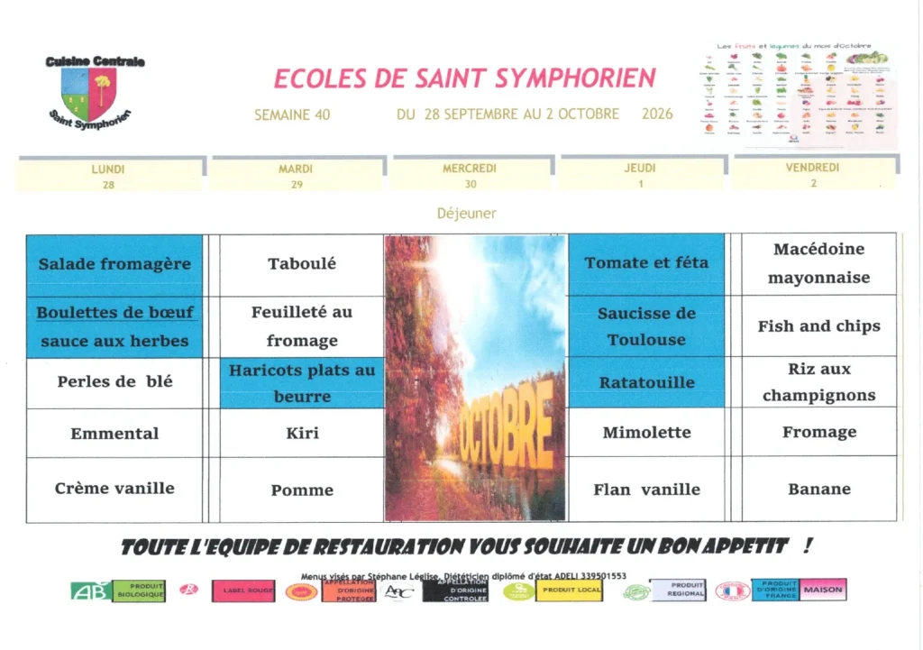 Menu de la cuisine centrale — Semaine 40 du 28 septembre au 2 octobre
