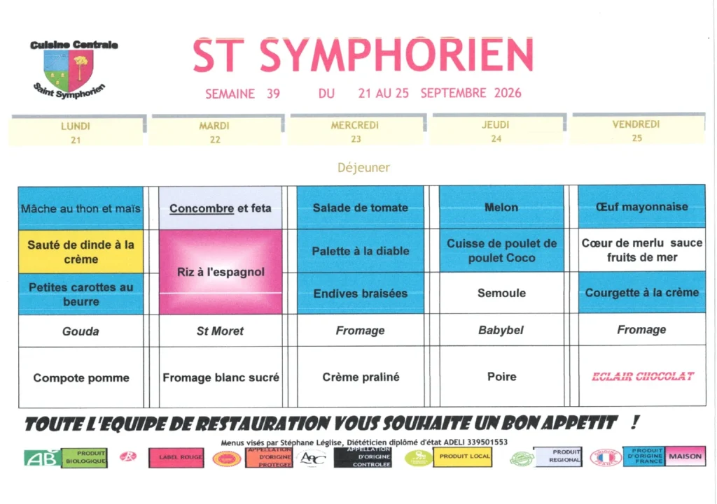 Menu de la cuisine centrale — semaine 39 du 21 septembre au 25 septembre