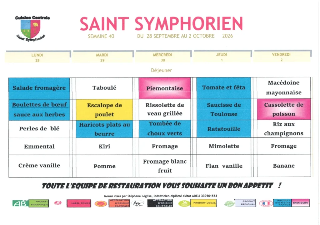 Menu de la cuisine centrale — Semaine 40 du 28 septembre au 2 octobre