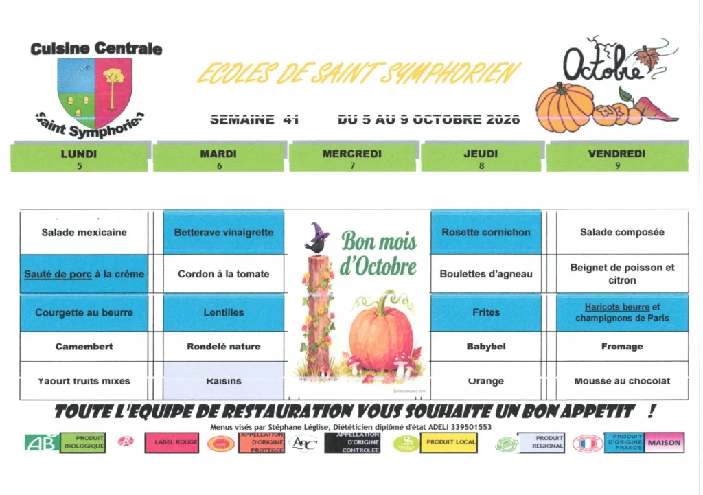 Menu de la cuisine centrale — Semaine 41 du 05 au 09 octobre