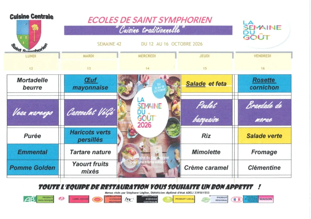 Menu de la cuisine centrale — Semaine 42 du 12 au 16 octobre